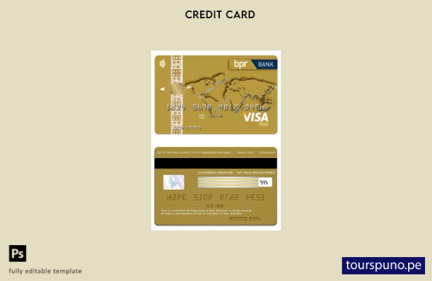 listo para imprimir plantilla de tarjeta de crédito dorada visa bancaria BPR de