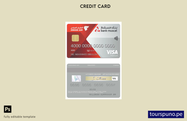 listo para imprimir plantilla de tarjeta de crédito visa platinum de Oman Muscat