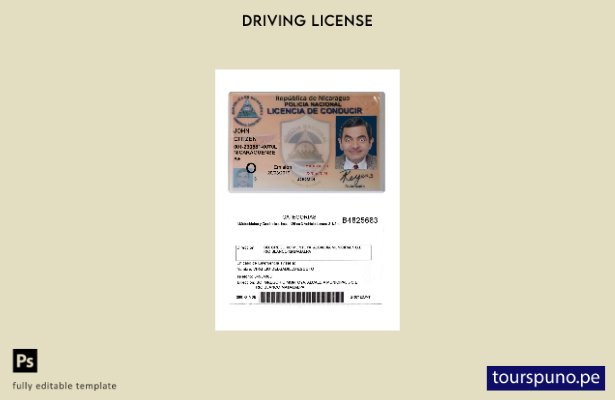Plantilla actual de licencia de conducir de Nicaragua lista para imprimir