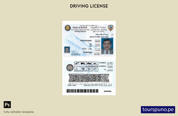 Plantilla de licencia de conducir de Kuwait lista para imprimir
