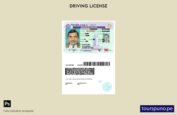 Plantilla de licencia de conducir de Nebraska de EE. UU. lista para imprimir