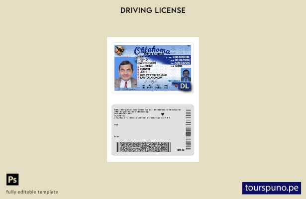 Plantilla de licencia de conducir de Oklahoma de EE. UU. lista para imprimir
