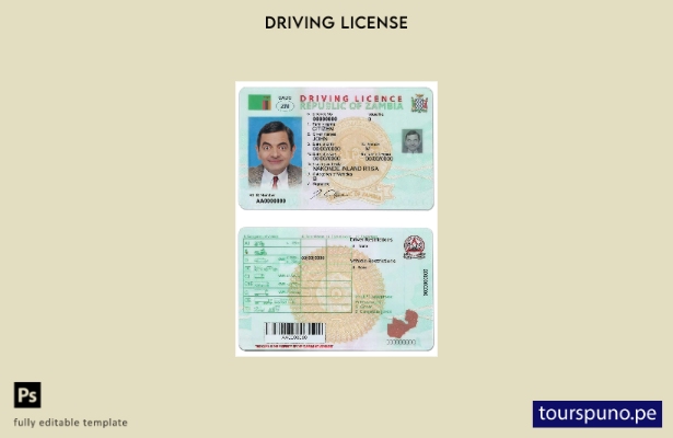 Plantilla de licencia de conducir de Zambia lista para imprimir