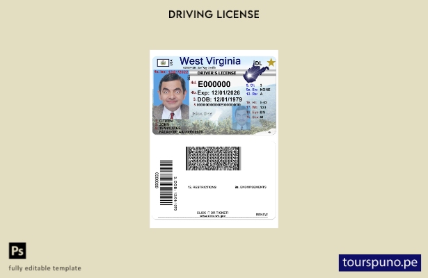 Plantilla de permiso de conducir de Virginia Occidental lista para imprimir