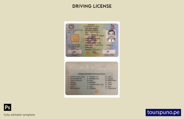 Plantilla de versión de licencia de conducir NEPAL lista para imprimir