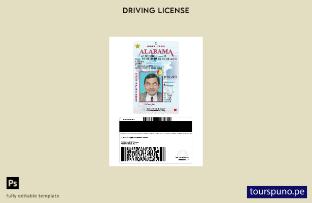 listo para imprimir el permiso de conducir de Alabama de EE. UU. bajo plantilla