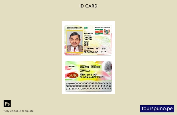 Plantilla de tarjeta de identificación de Surinam lista para imprimir