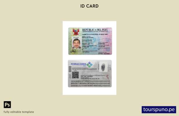 Plantilla de tarjeta de identificación nacional de Perú lista para imprimir