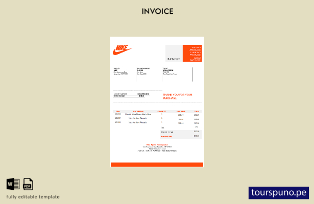 Plantilla de factura Nike de EE. UU. lista para imprimir