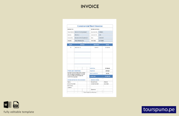 Plantilla de factura de alquiler comercial lista para imprimir.