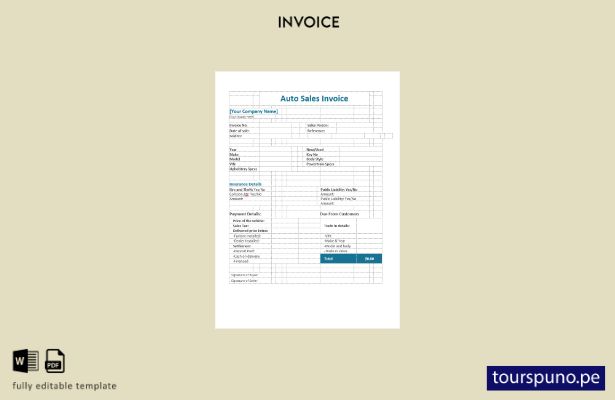 Plantilla de factura de venta de automóviles lista para imprimir