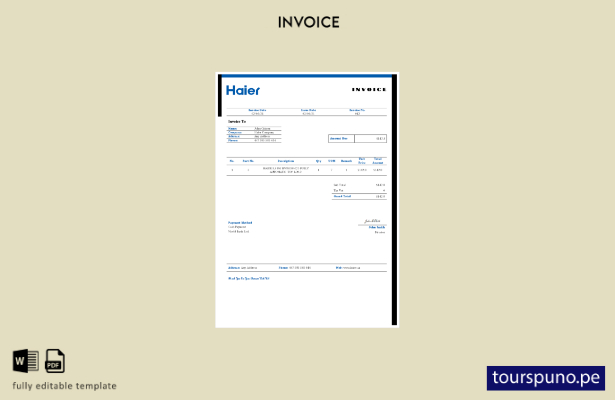 lista para imprimir plantilla de factura Haier de EE. UU.