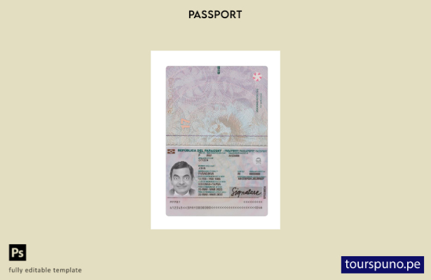 Listo para imprimir la plantilla actual del pasaporte de Paraguay.