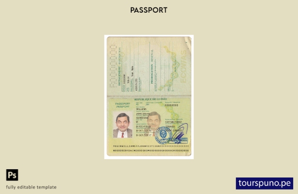 Plantilla de versión de pasaporte de Guinea lista para imprimir