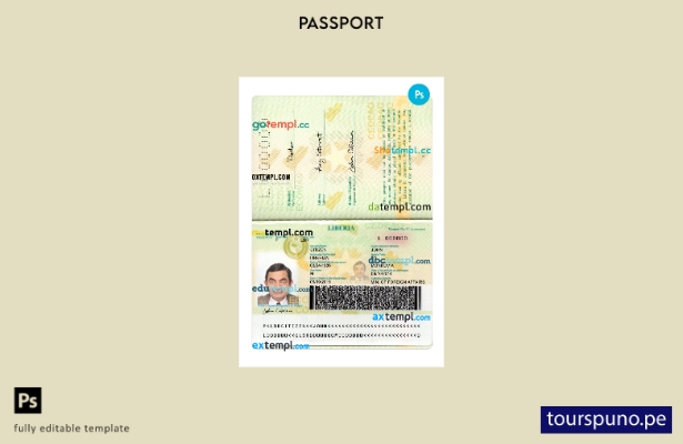 Plantilla de versión de pasaporte de Liberia lista para imprimir