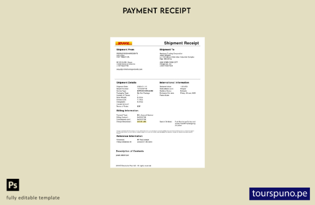 Plantilla de recibo de envío del servicio Dhl lista para imprimir