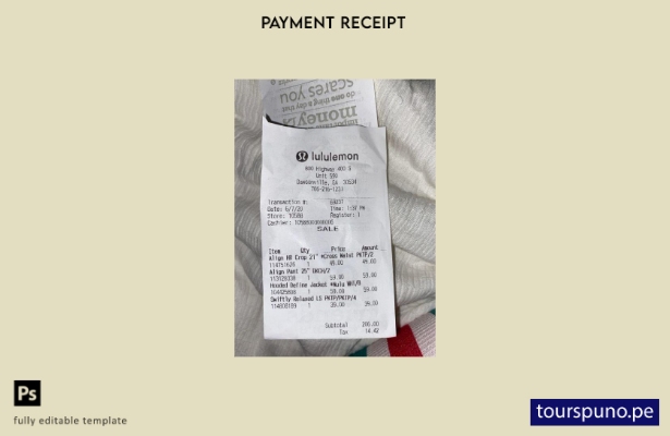 Plantilla de recibo de pago de la tienda Lululemon lista para imprimir