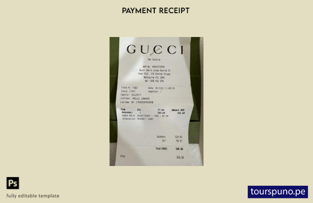 listo para imprimir la plantilla de recibo de pago de la empresa de moda Gucci