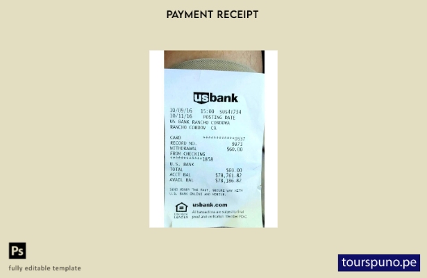 listo para imprimir plantilla de recibo de pago del banco estadounidense EE. UU.