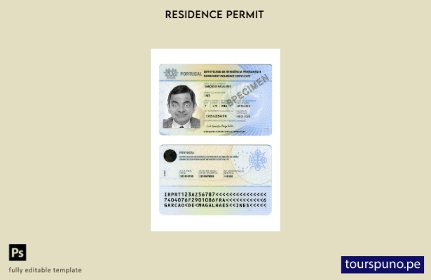 Plantilla de certificado de residencia permanente en Portugal lista para imprimi