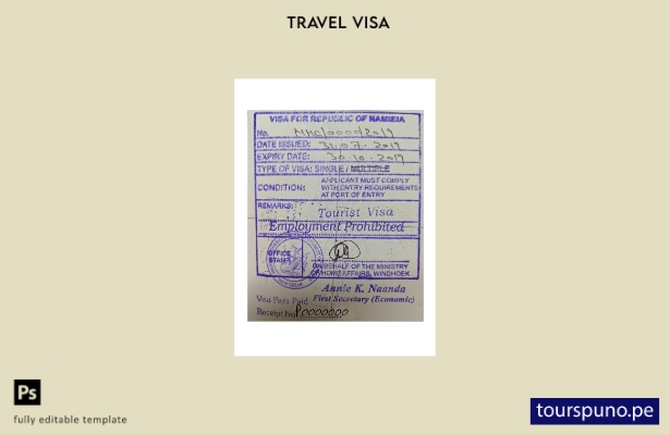 Plantilla de visa de sello de Namibia lista para imprimir