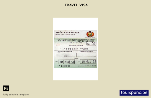 Plantilla de visa de viaje a Bolivia lista para imprimir