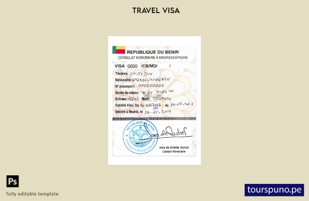 Plantilla de visa de viaje para Benin lista para imprimir
