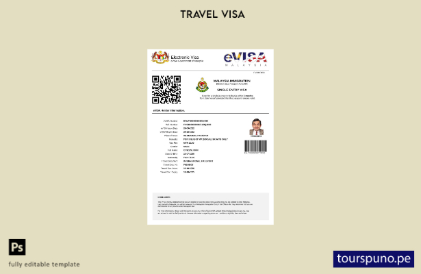 listo para imprimir la visa electrónica de Malasia en plantilla de Word y PDF