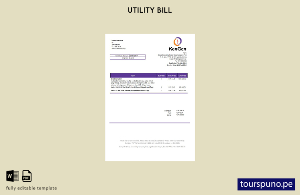 listo para imprimir plantilla de factura de servicios públicos de KenGen Electri
